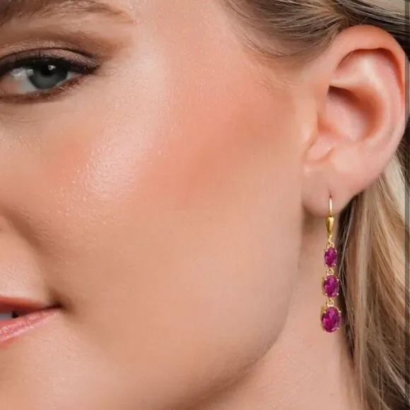 18K Yellow Gold with 5.40 Cttw 3 Stone Ruby Dangling Leverback Drop Earrings - Picture 3 of 5